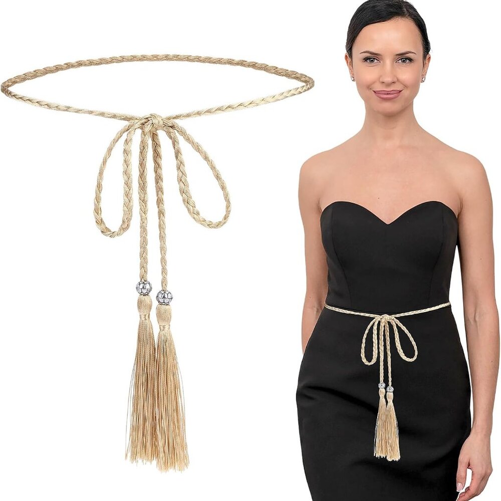 Women's Thin Braided Belt Trendy Boho Thin Belt Waistband Tassel Braided Waist B